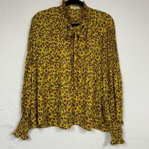 Max Studio Yellow Ditsy Floral Romantic Blouse Womens S Fall Long Sleeve Ruffled